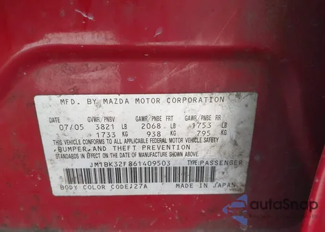 2006 Mazda Mazda3 I from USA, damaged, VIN JM1BK32F861409503